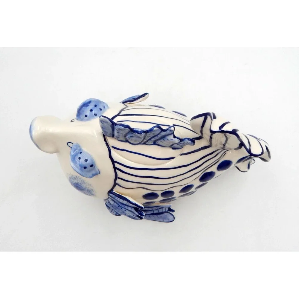 Blue Sky Clayworks Diane Kissy Fish Teapot Blue White Polka Dot 10 Inch 2013